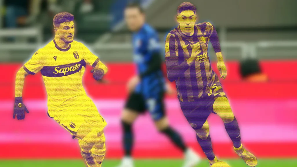 Bastoni e Orsolini a contrasto nel recupero di Serie A tra Inter e Bologna.