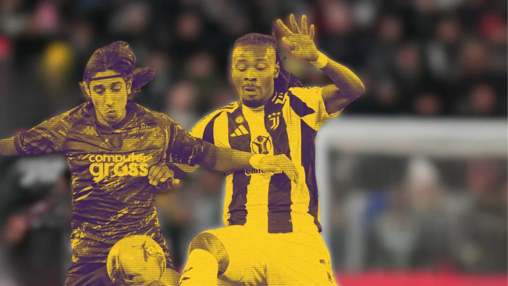 Maleh e Thuram a contrasto nella partita di Coppa Italia tra Juventus ed Empoli.